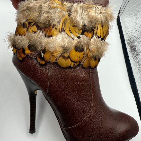 Bebe Vintage Brown Leather Feather-Trimmed Stiletto Boots – Size 6 Used - Picture 2 of 7